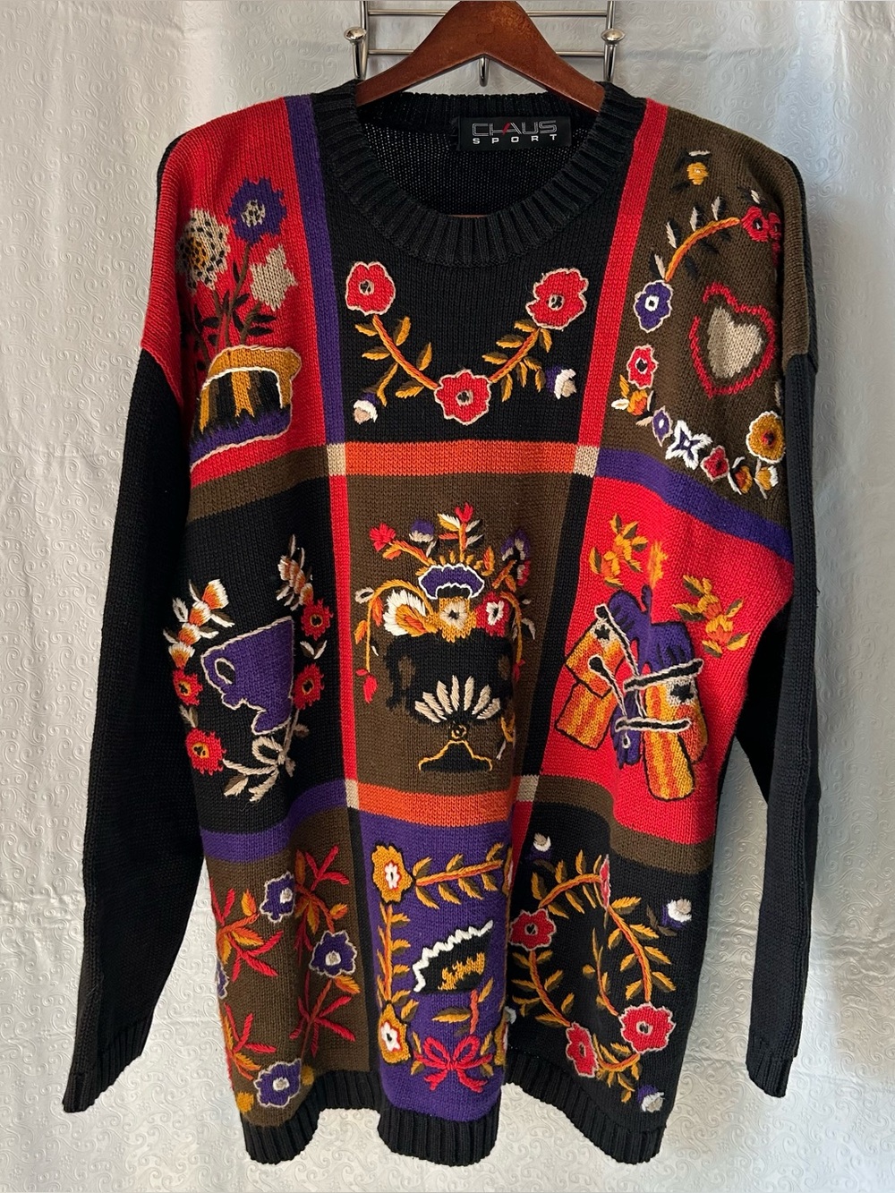 Vintage 1990s CHAUS SPORT Patchwork Embroidered Knit Pullover Sweater Size L